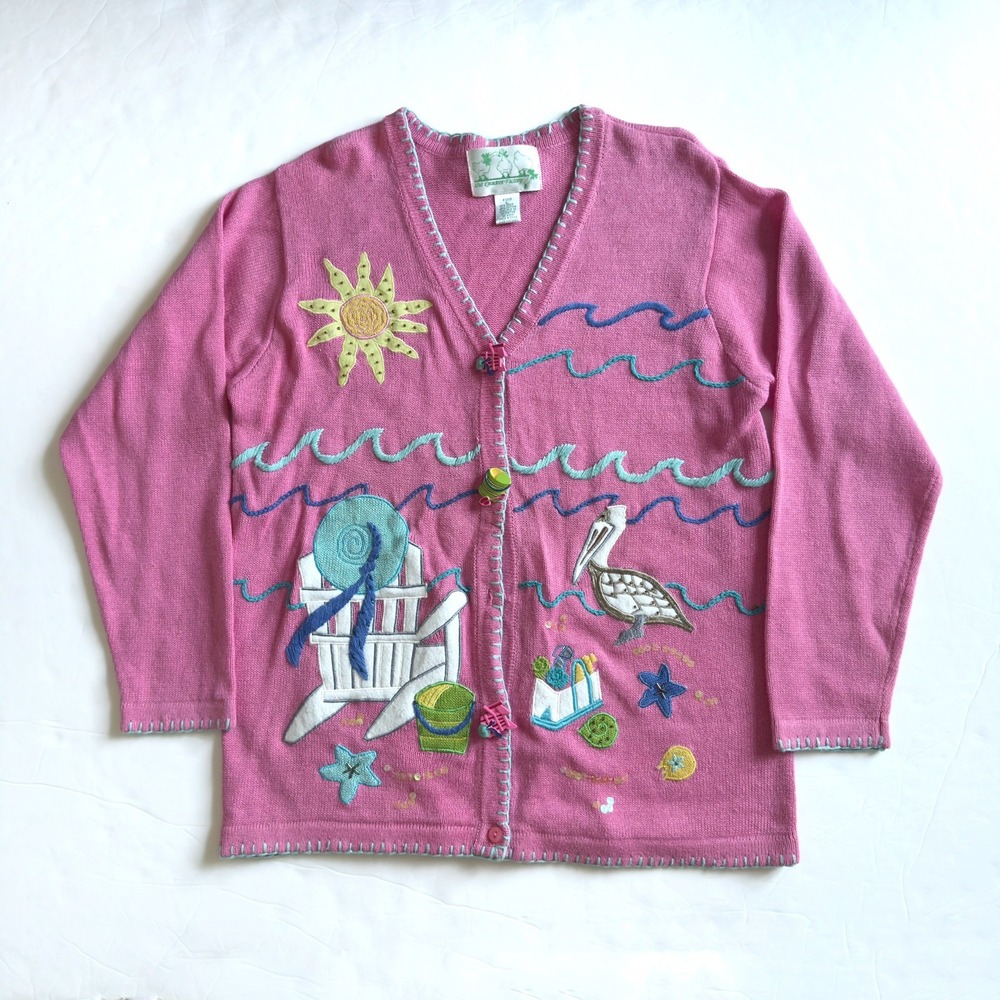 Quacker Factory Embroidered Cardigan Sweater L Pink Pelican Beach Coastal Shells